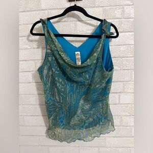 Sangria Blue & Green Paisley Print Sheer Sleeveless Cowl Neck  Vintage 16 #1980